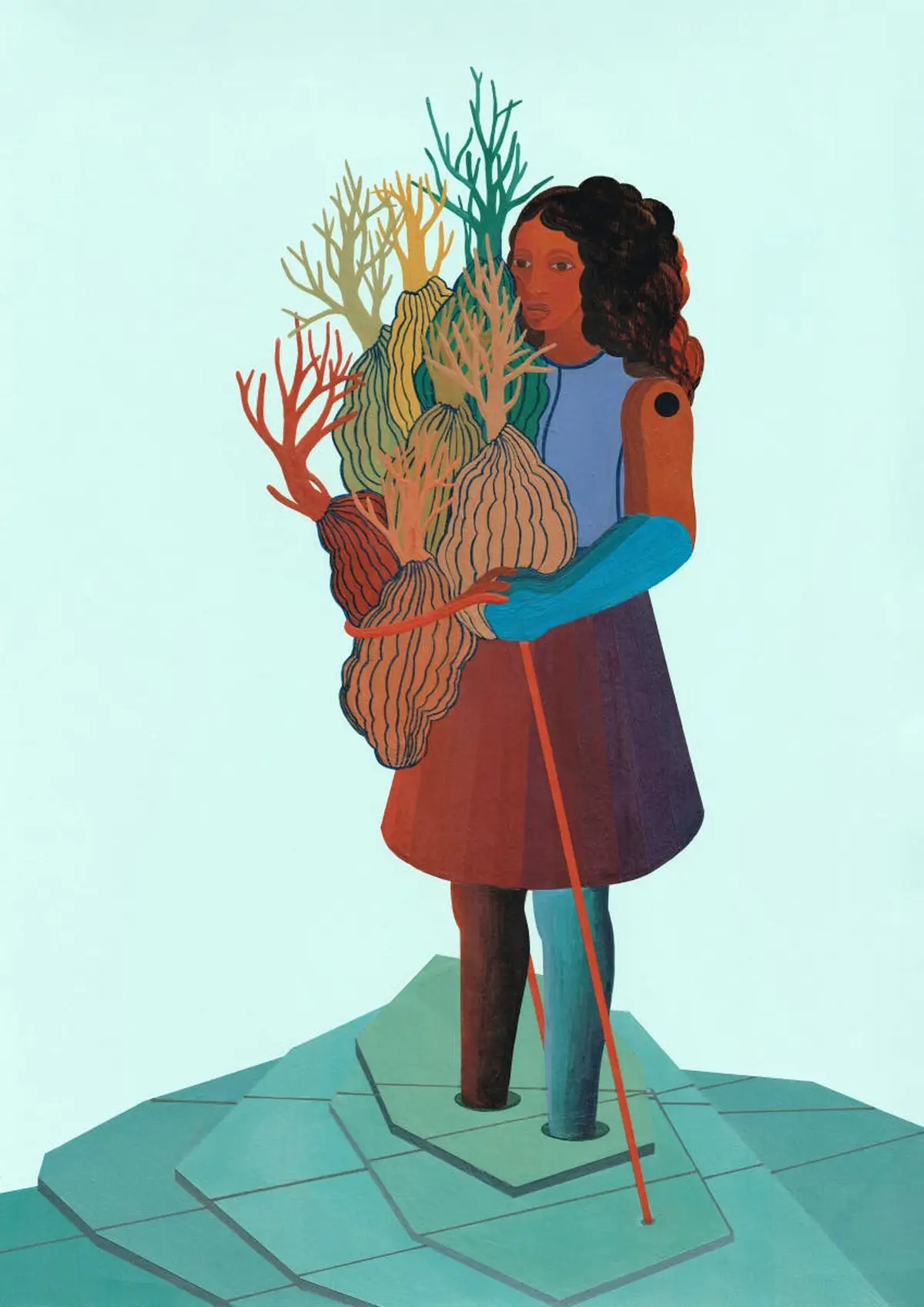 Illustration stylisée d'une personne tenant des formes abstraites colorées ressemblant à des arbres sur un fond bleu clair.