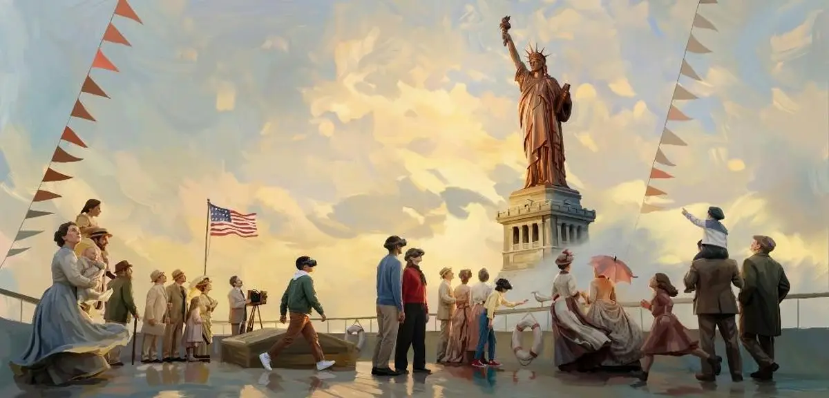 Un groupe de personnes, dont certaines portent des casques de réalité virtuelle, admire la Statue de la Liberté au coucher du soleil. On aperçoit un drapeau américain.