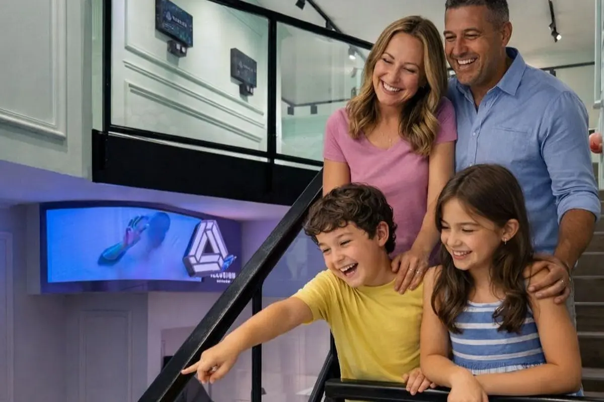 Une famille de quatre personnes, tout sourire, pose ensemble à l'intérieur, les deux enfants devant les deux adultes, près d'un escalier et de baies vitrées.