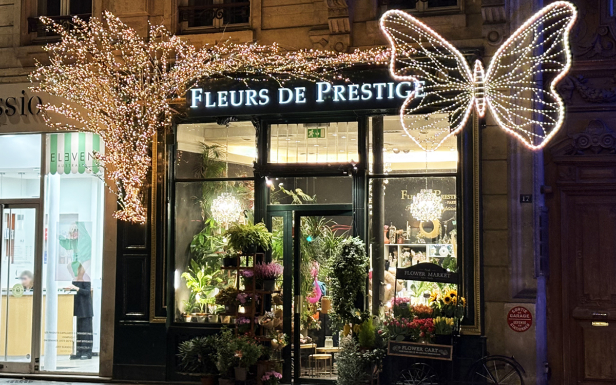 Une précédente création lumineuse de Fleurs de Prestige, au 17 rue de Châteaudun, dans le 9ᵉ arrondissement de Paris.