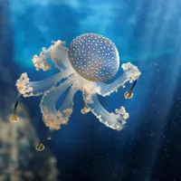 Une méduse translucide avec une cloche bleue tachetée flotte sous l'eau, entourée de rayons lumineux. DR