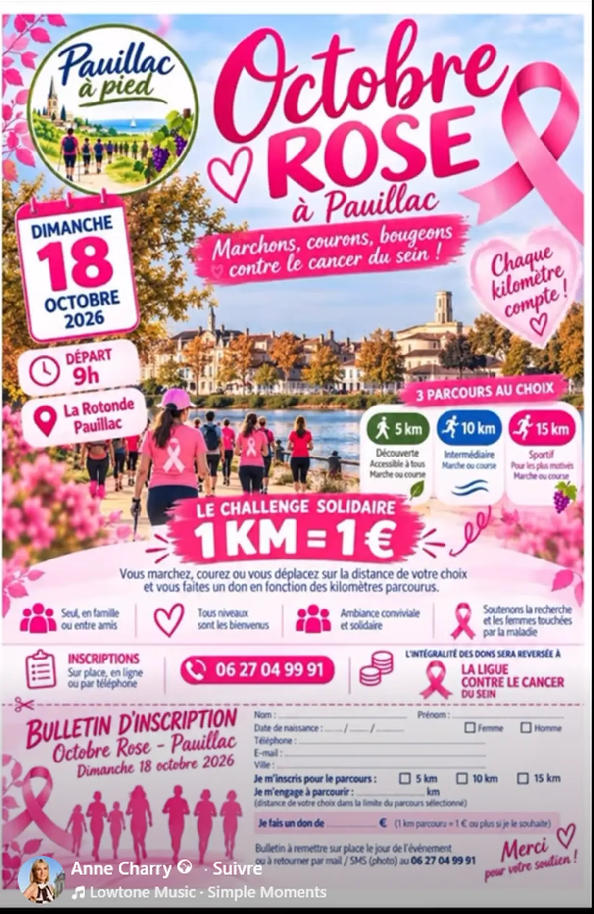 Octobre Rose 2026 avec Pauillac à Pied : challenge solidaire 1km = 1€