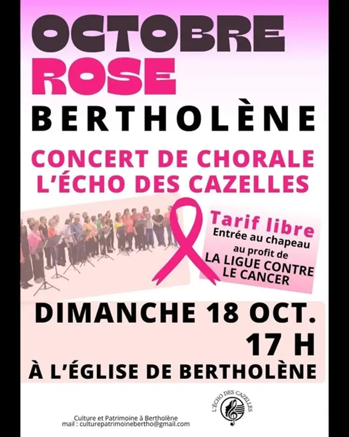 Octobre Rose : Concert avec la chorale l'Echo des Cazelles à Bertholène