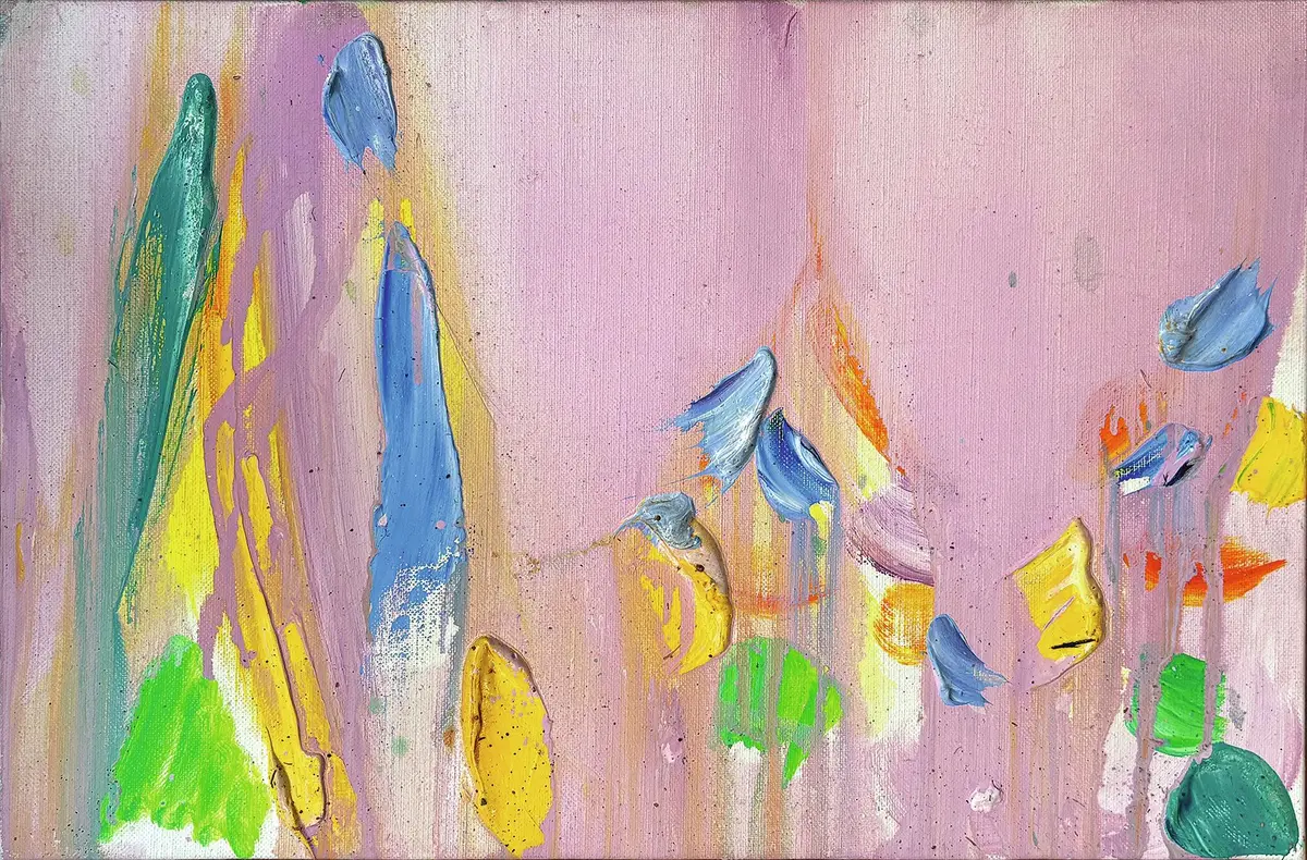 Olivier Debré, Rose de Bangkok aux taches bleues (Thaïlande), 1990, huile sur toile, 27 x 41cm, Collection particulière, Paris