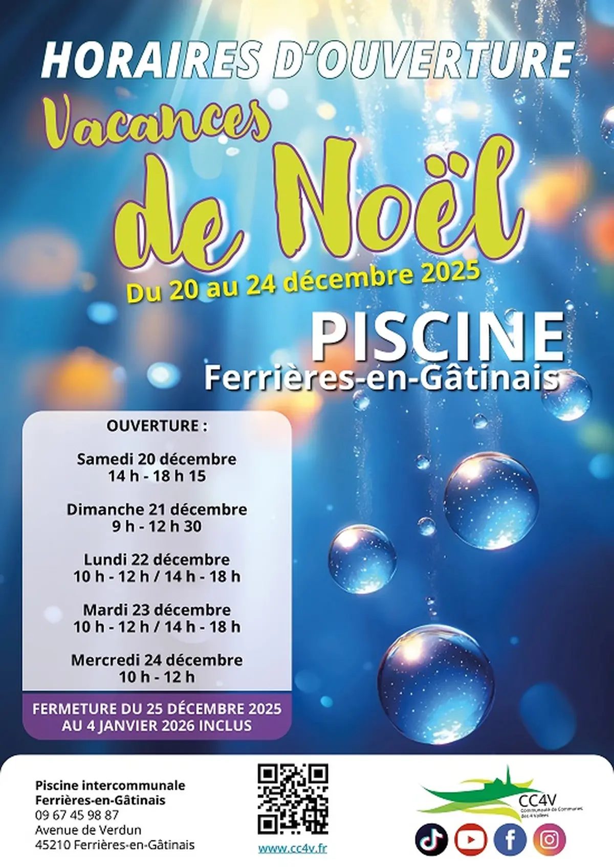 Ouverture piscine Ferrières - Vacances de Noël