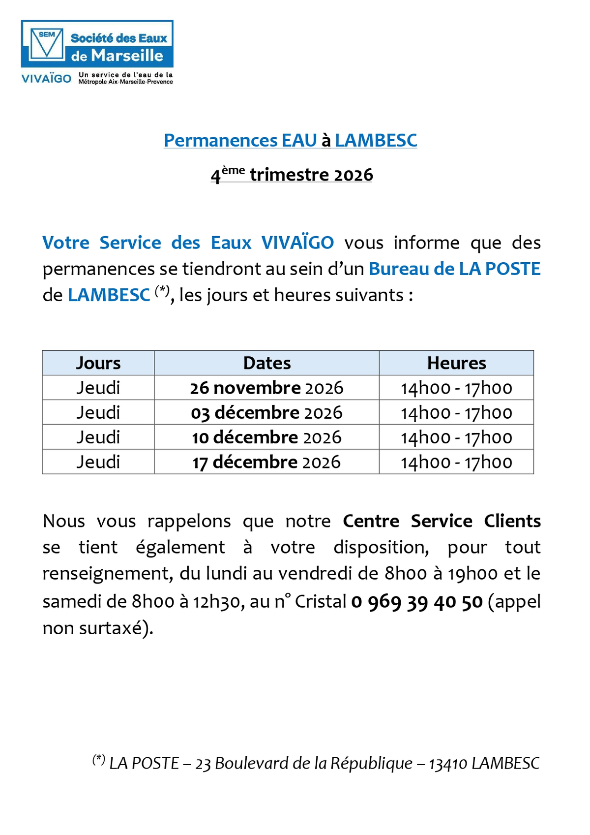 Permanence Service des Eaux Vivaïgo