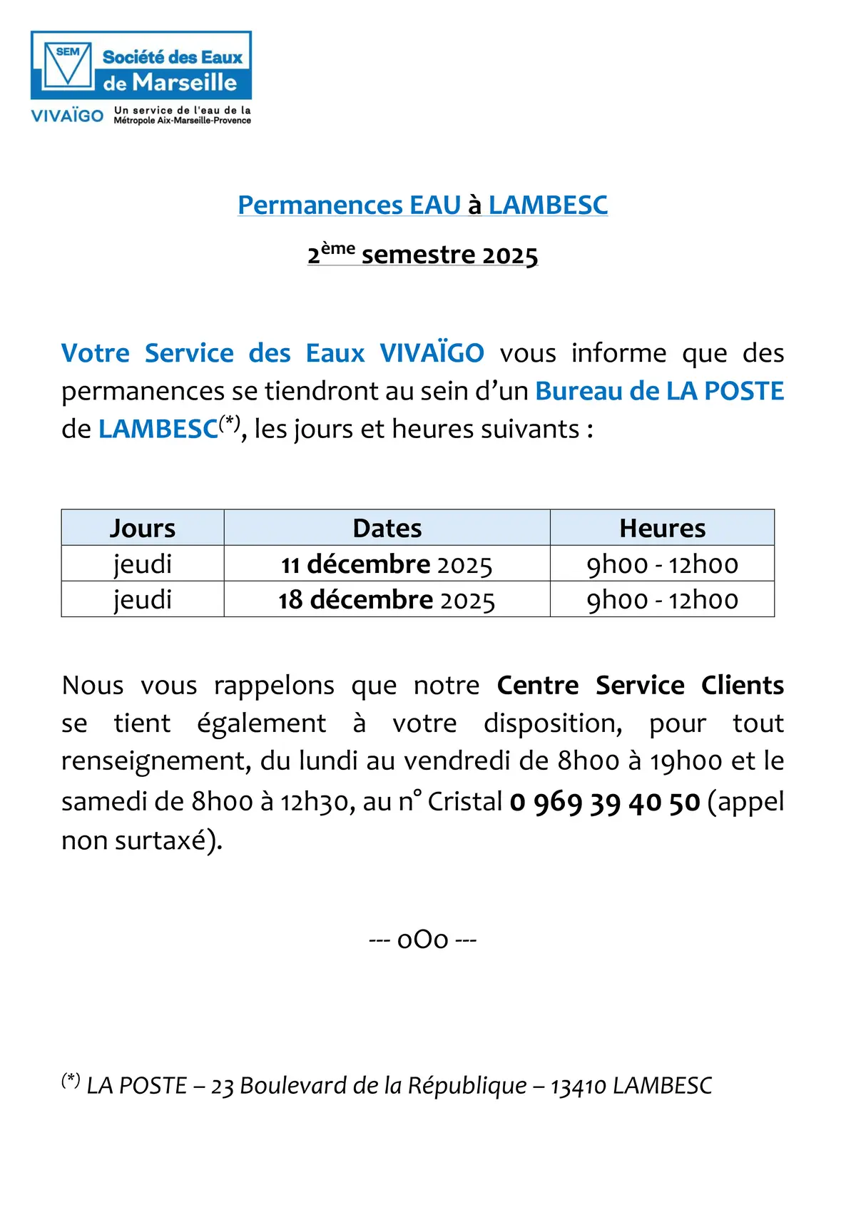 Permanence Service des Eaux Vivaïgo