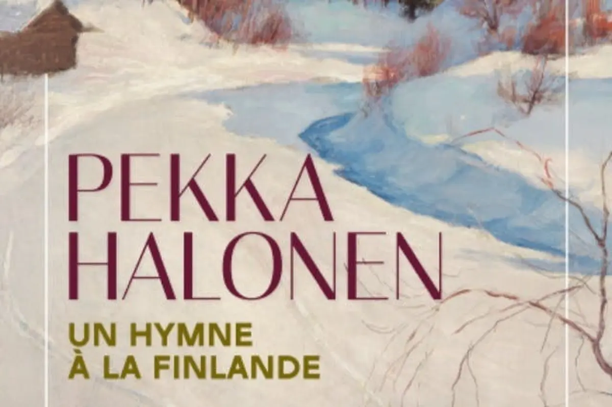 Paysage d'hiver avec un chemin enneigé, des arbres dénudés et un ruisseau partiellement gelé. Le texte se lit comme suit : Pekka Halonen, Un Hymne à la Finlande.