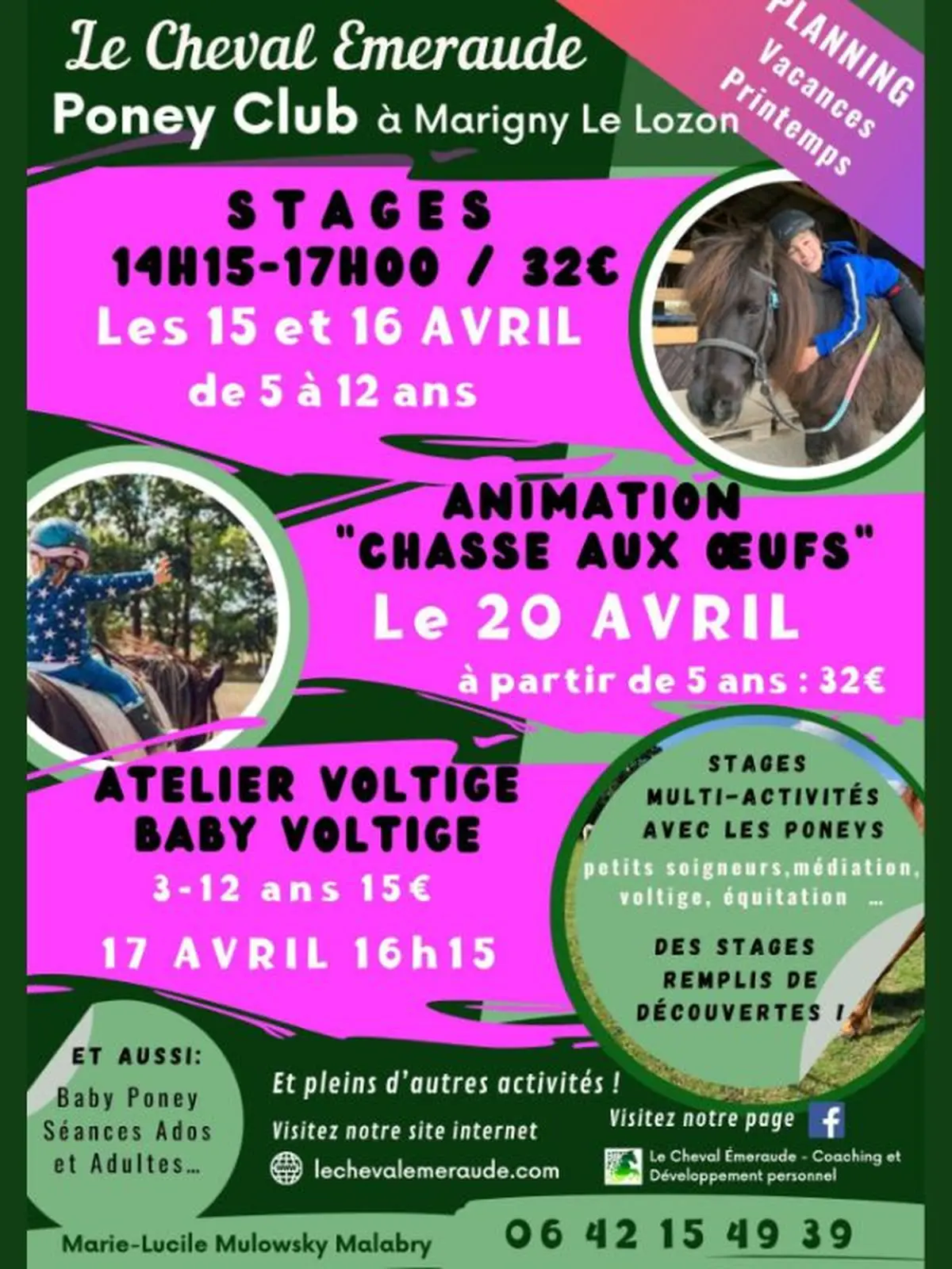 Planning vacances de printemps 2026 au Cheval Emeraude