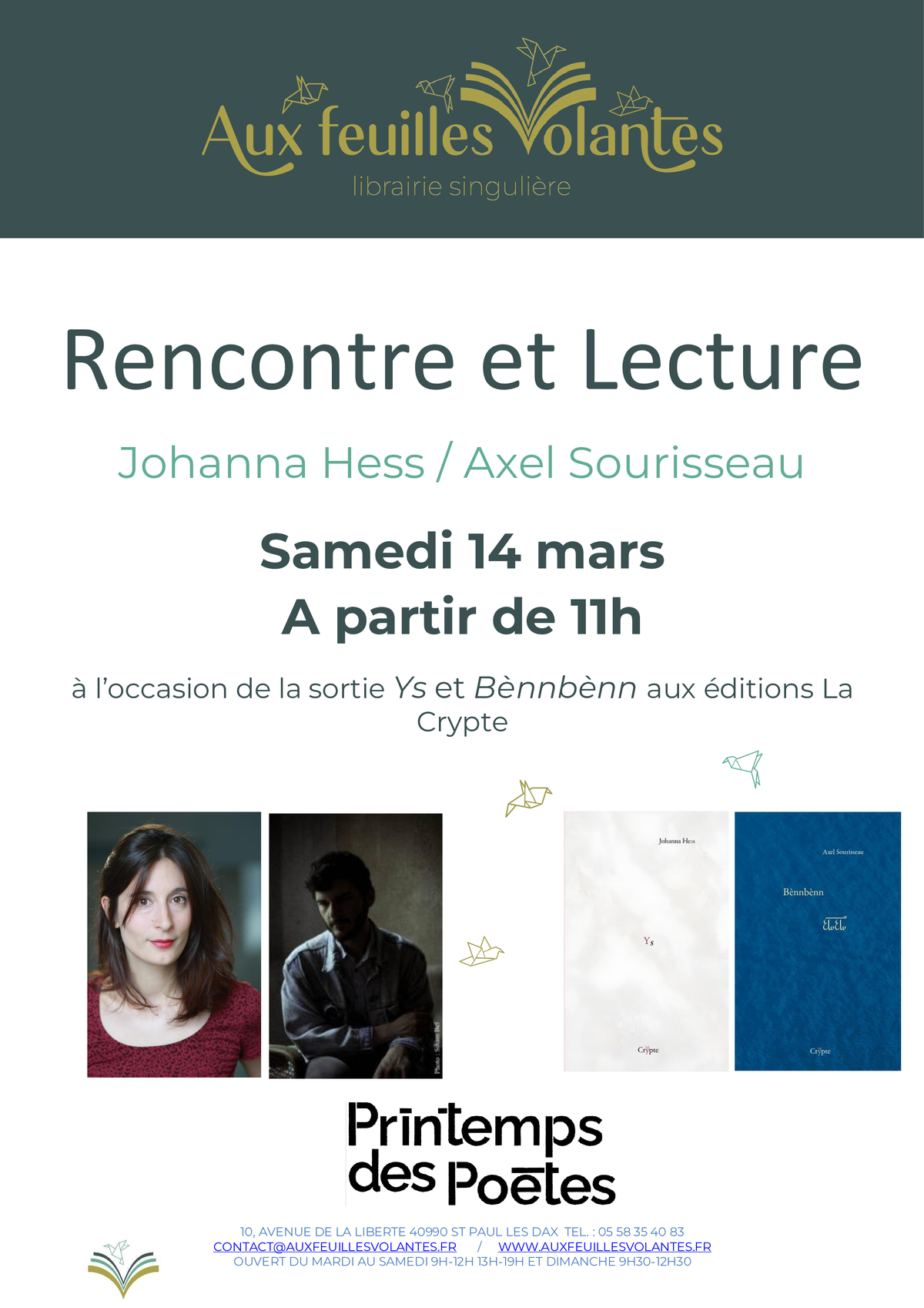 Printemps des poètes avec Johanna Hess et Axel Sourisseau (Editions La Crypte)