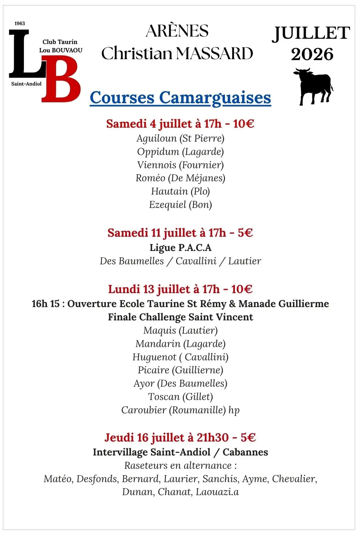 Programme d'été du Club Taurin Lou Bouvaou