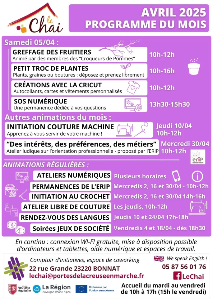Programme du Mois d'Avril au Chai