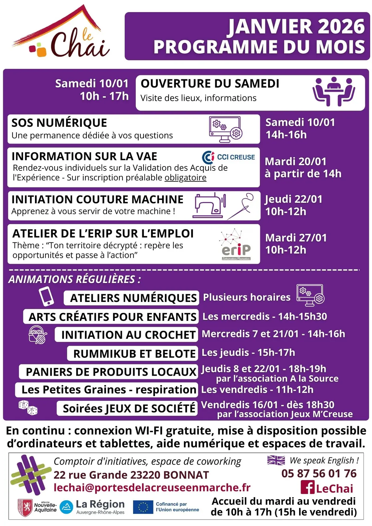 Programme du Mois de Janvier au Chai
