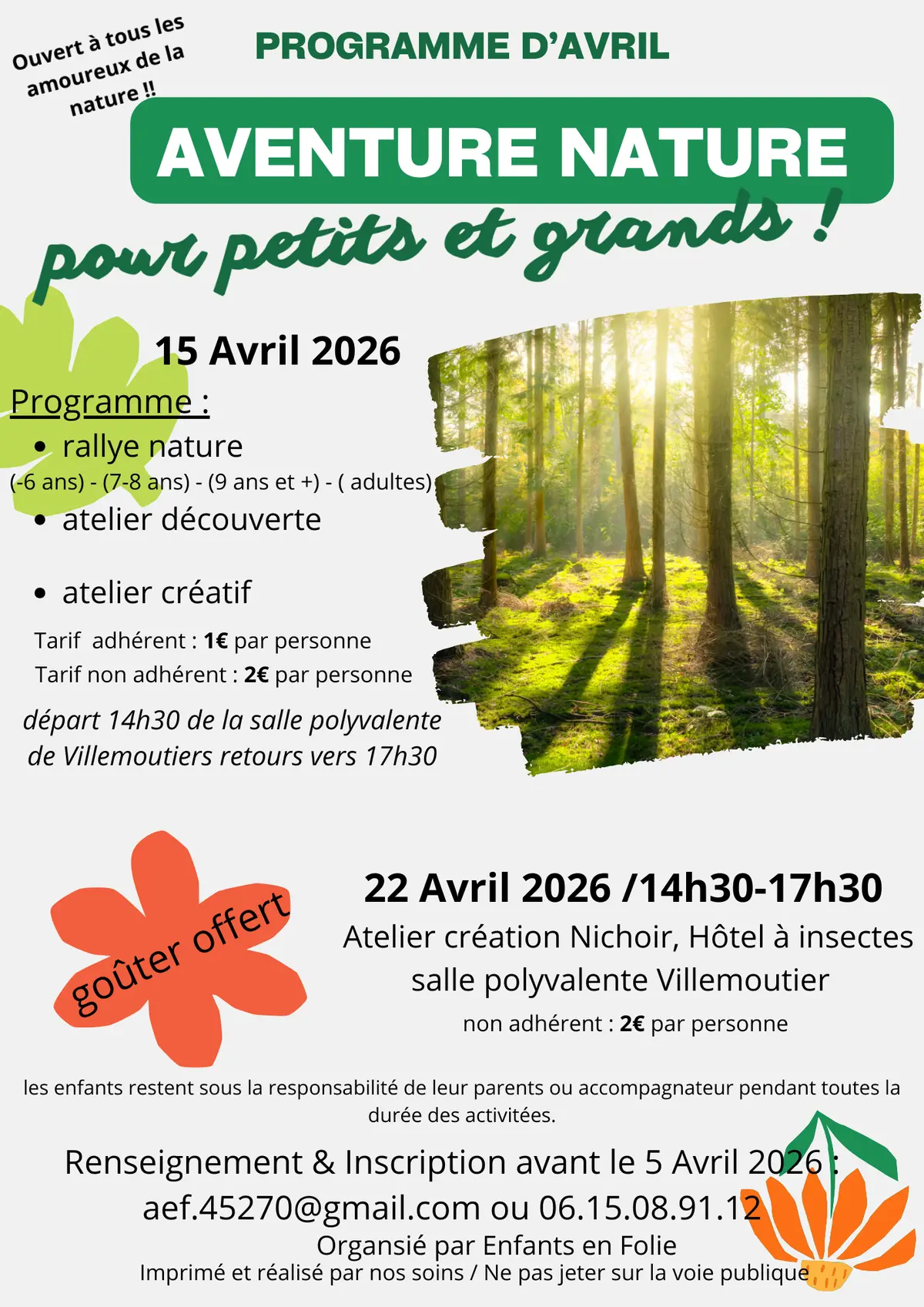 Rallye nature, atelier découverte, atelier créatif