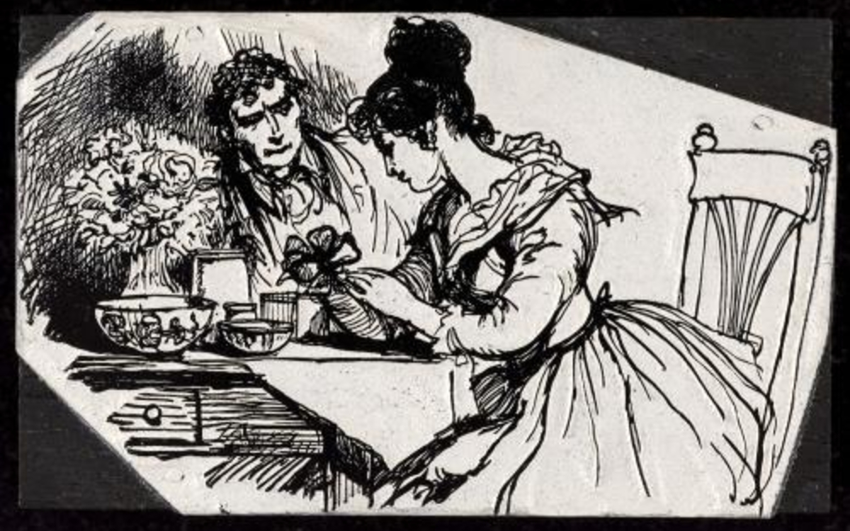 Honorine est assise à la table en bois recouverte d'une nappe sur laquelle elle réalise des bouquets de fleurs artificielles. En face d'elle sur la table se trouvent un bouquet et divers bols et outils nécessaires à son travail.