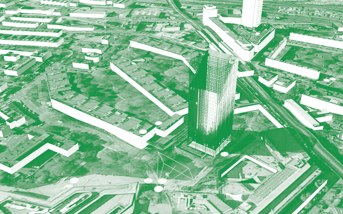 « Séquence d’une vidéo stabilisée et synchronisée avec le mouvement [motion tracked], projetée sur la maquette numérique de la Tour Grenfell. Le cadre pyramidal blanc indique l’emplacement de la caméra. » Image illustrative extraite de la publication The Grenfell Tower Fire, publiée le 21 mars 2018 par Forensic Architecture.