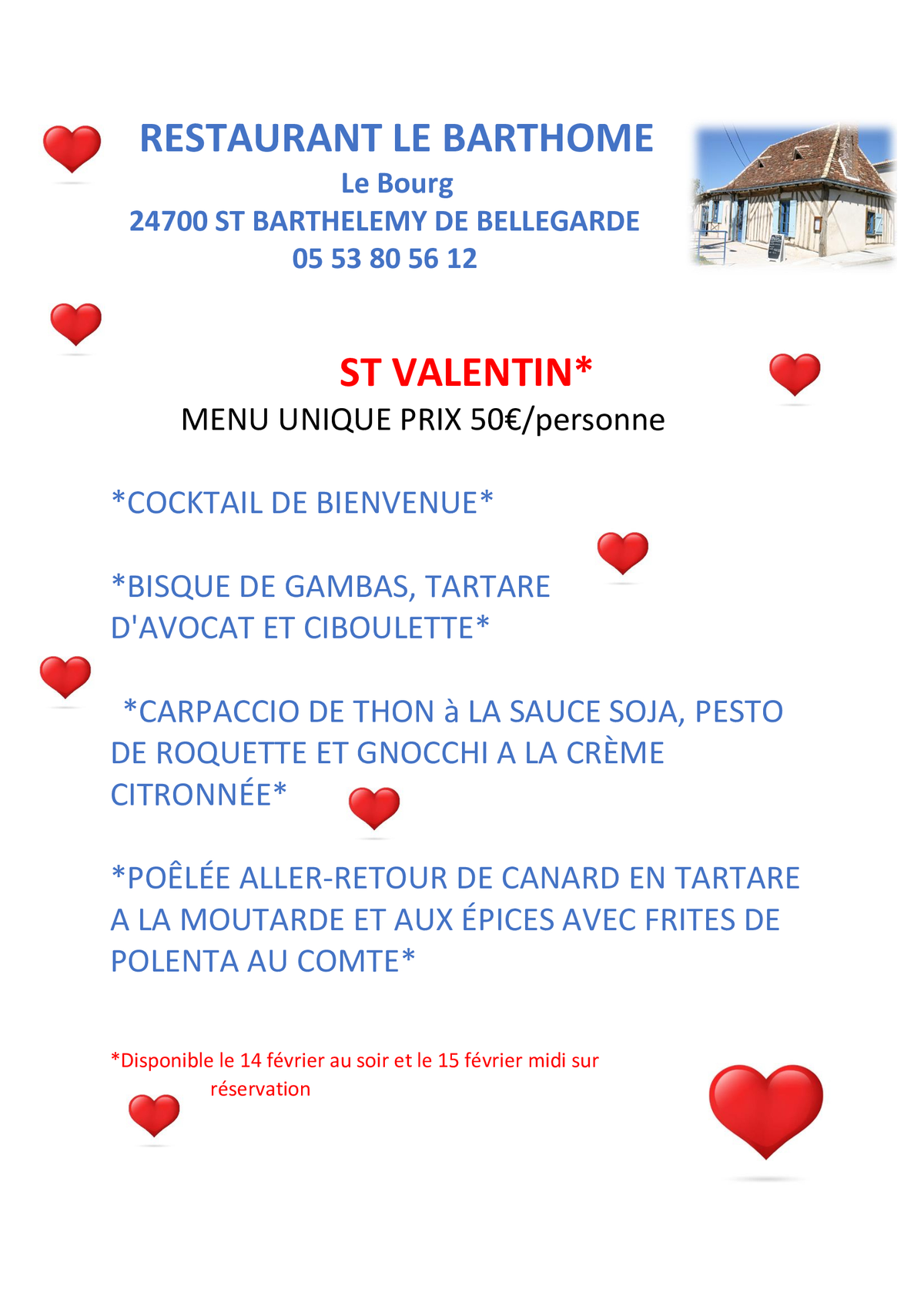 Repas de la St Valentin Restaurant Le Barthomé