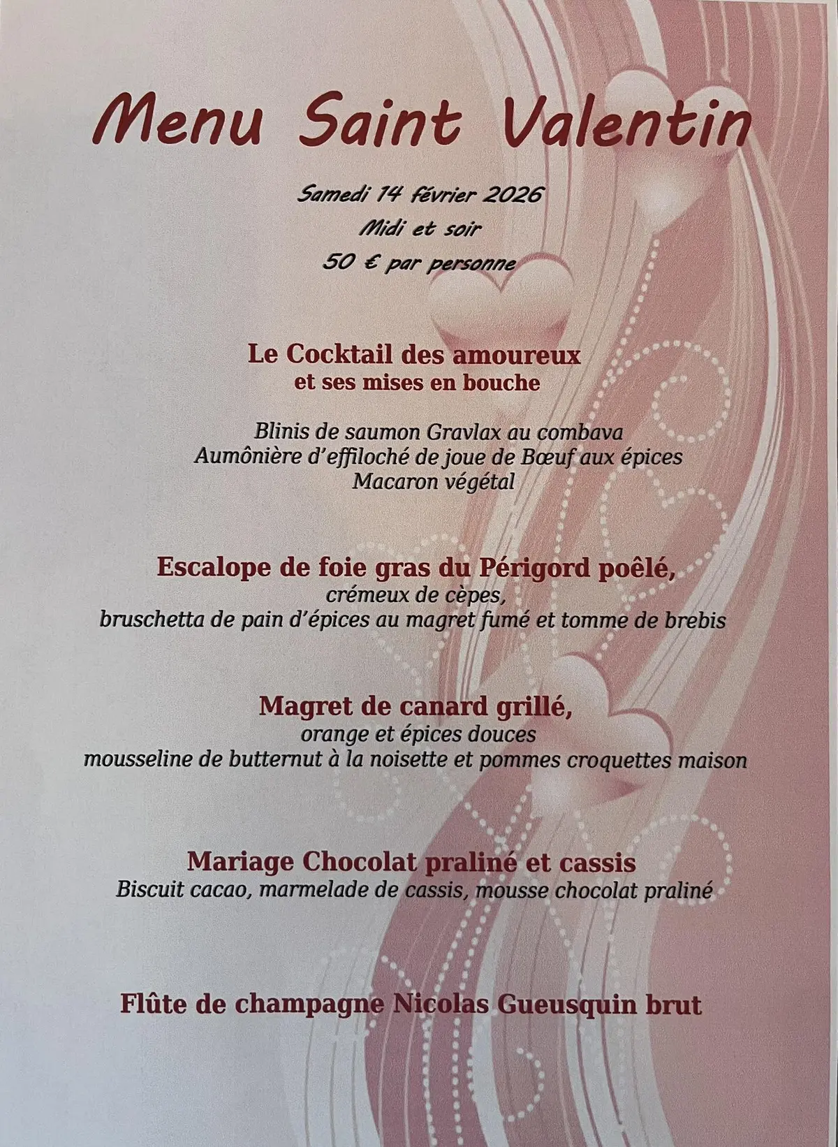 Repas de la St Valentin Restaurant Le Duellas