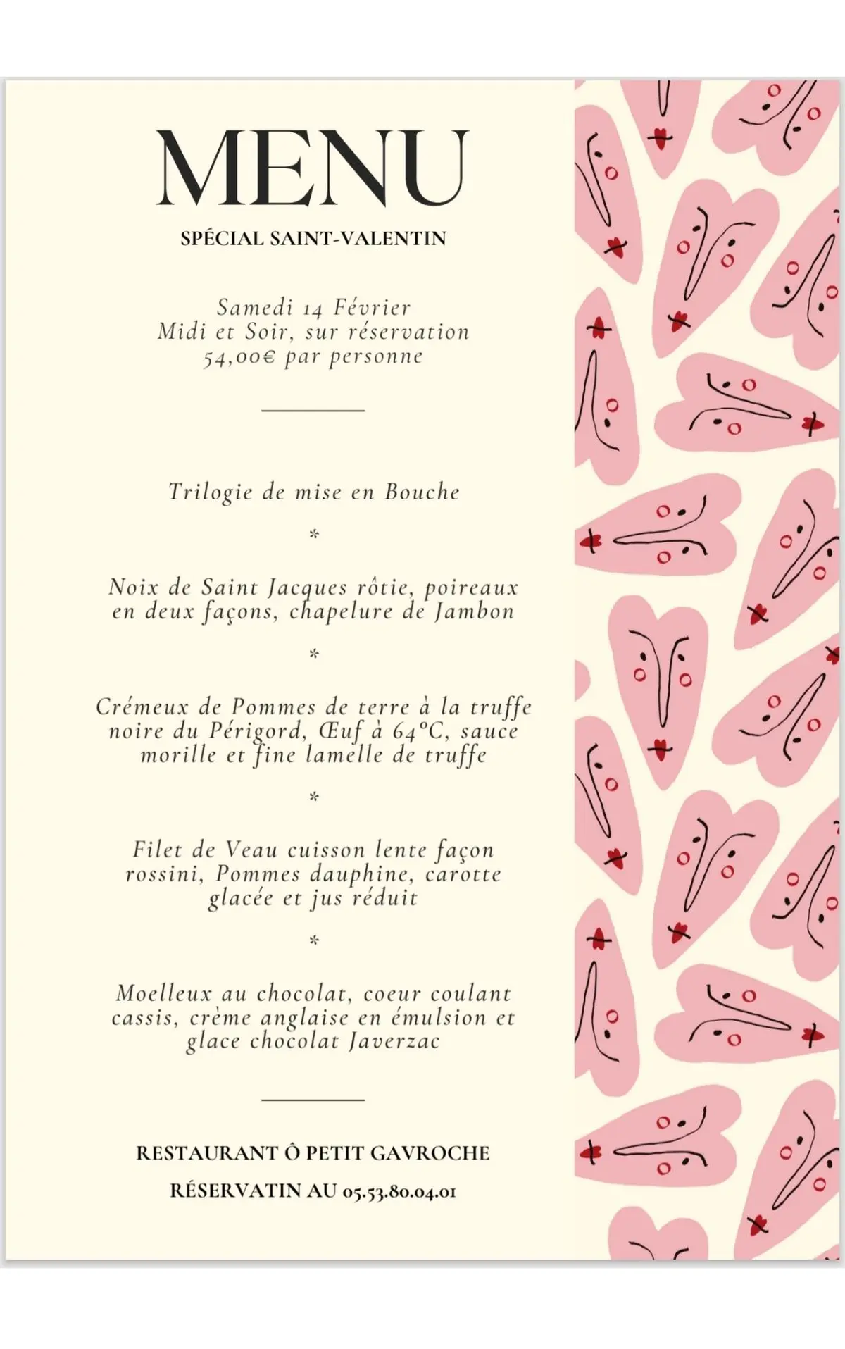 Repas de la St Valentin Restaurant O Petit Gavroche