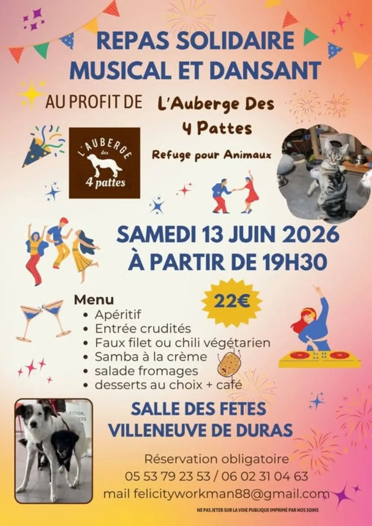 Repas solidaire musical et dansant au profit de l'Auberge des 4 Pattes