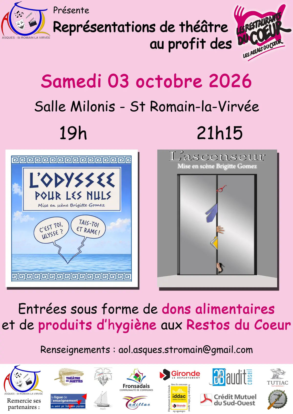 Représentations de théâtre au profit des Restos du Coeur