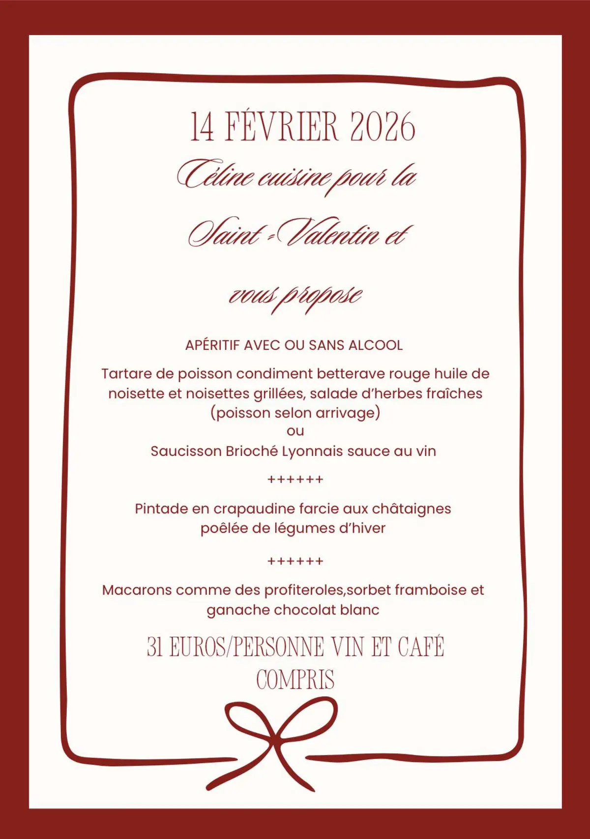 Restaurant Chez Céline : Repas de la Saint Valentin