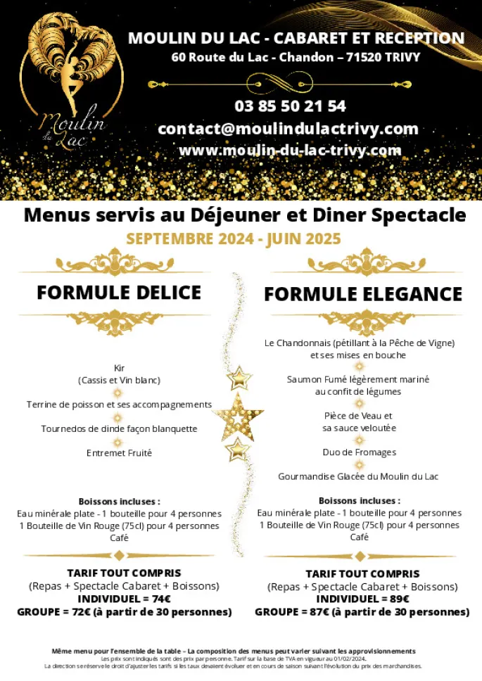 Revue cabaret autour d'un déjeuner ou d'un dîner spectacle au Moulin du Lac