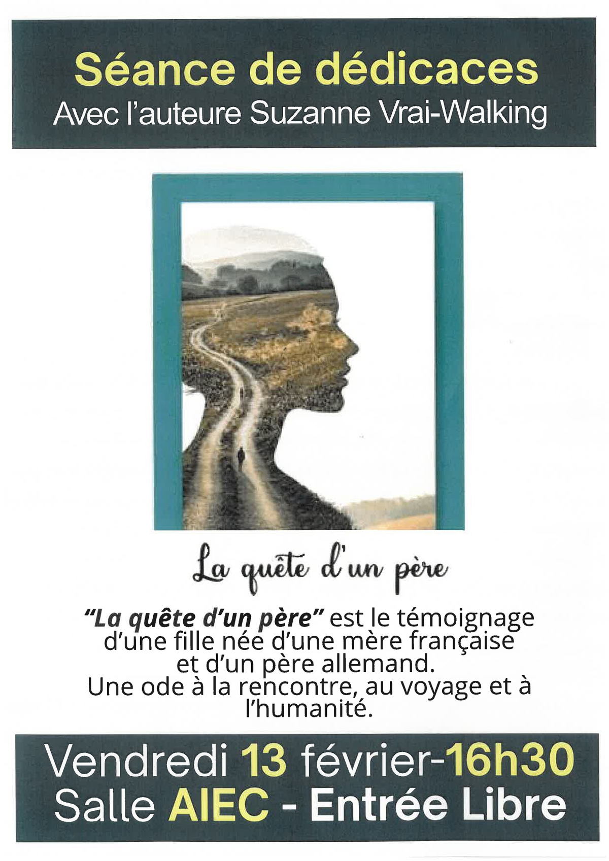Séance de dédicaces  La quête d'un père de Suzanne Vrai-Walking