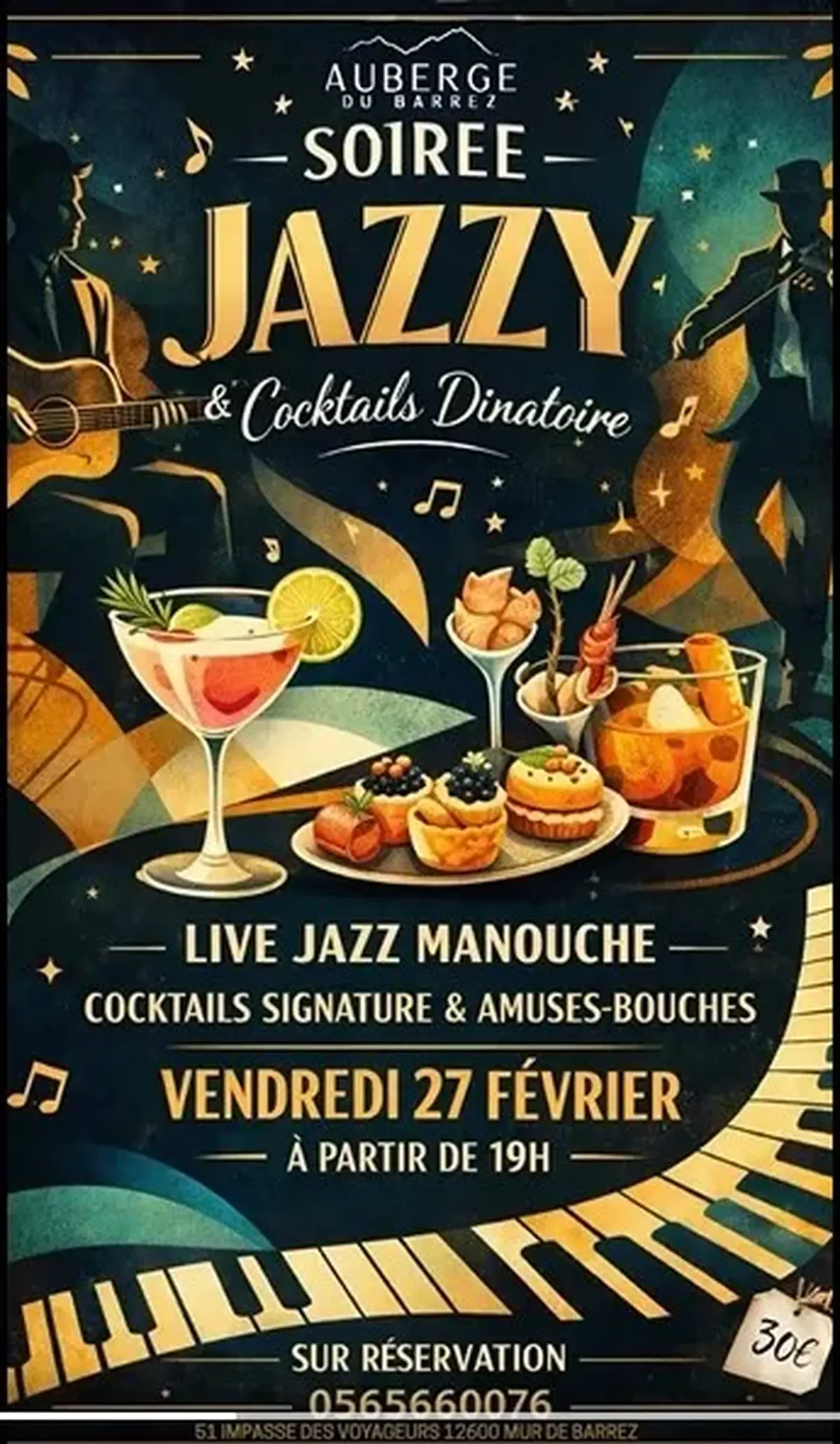 Soirée concert Jazzy et cocktails dinatoire à l'Auberge du Barrez