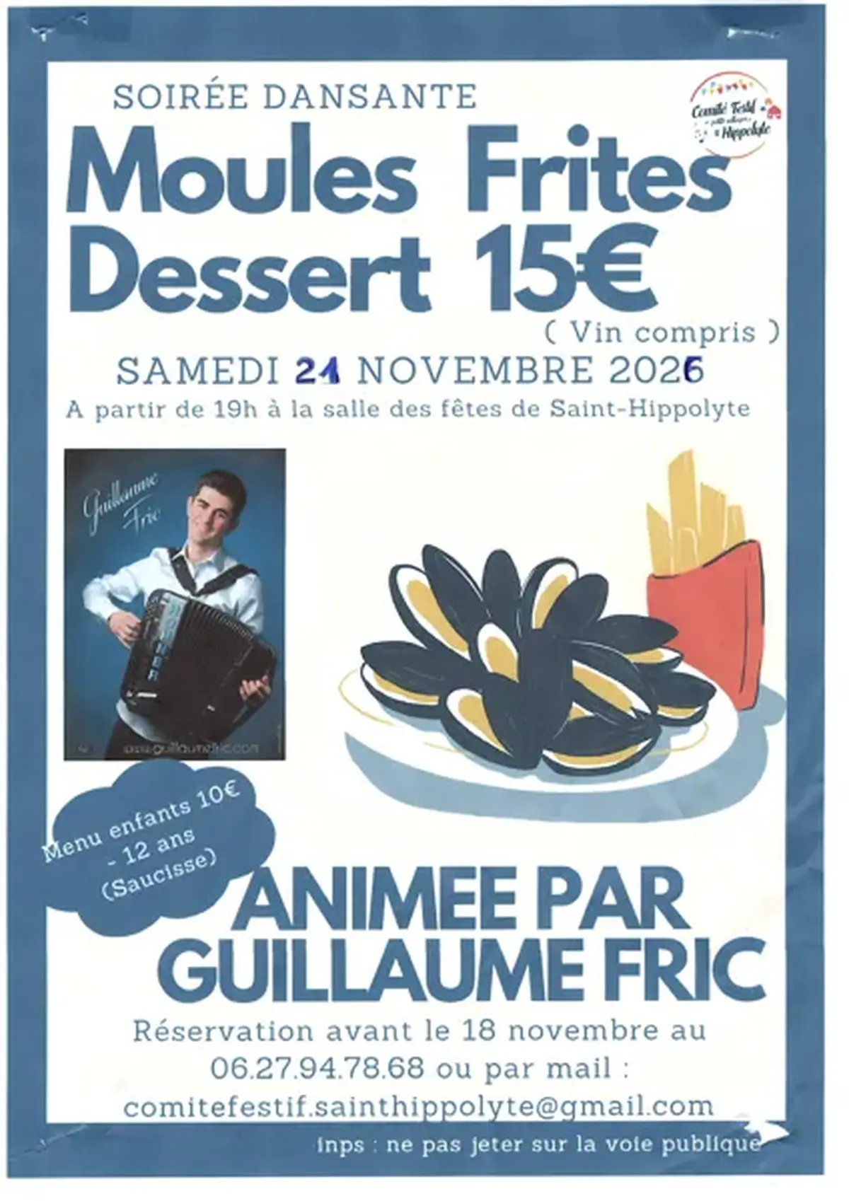 Soirée dansante moules frites animée par Guillaume Fric