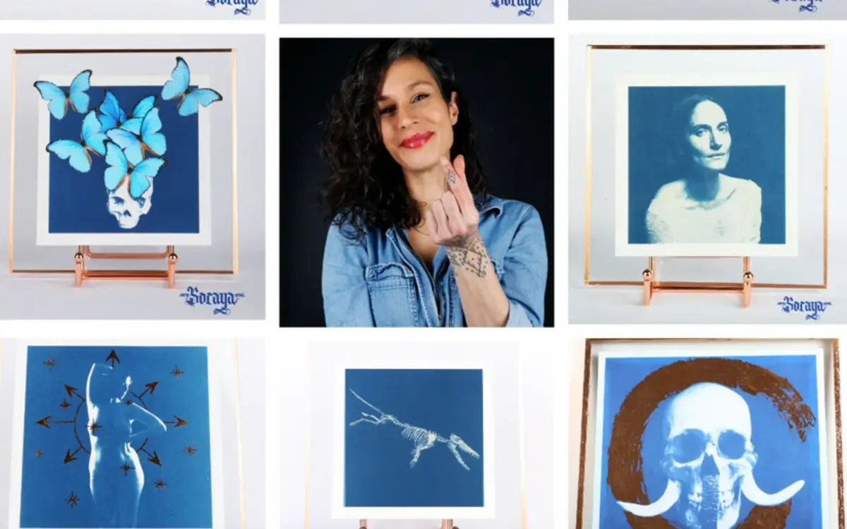 Portrait de Soraya avec plusieurs cyanotypes