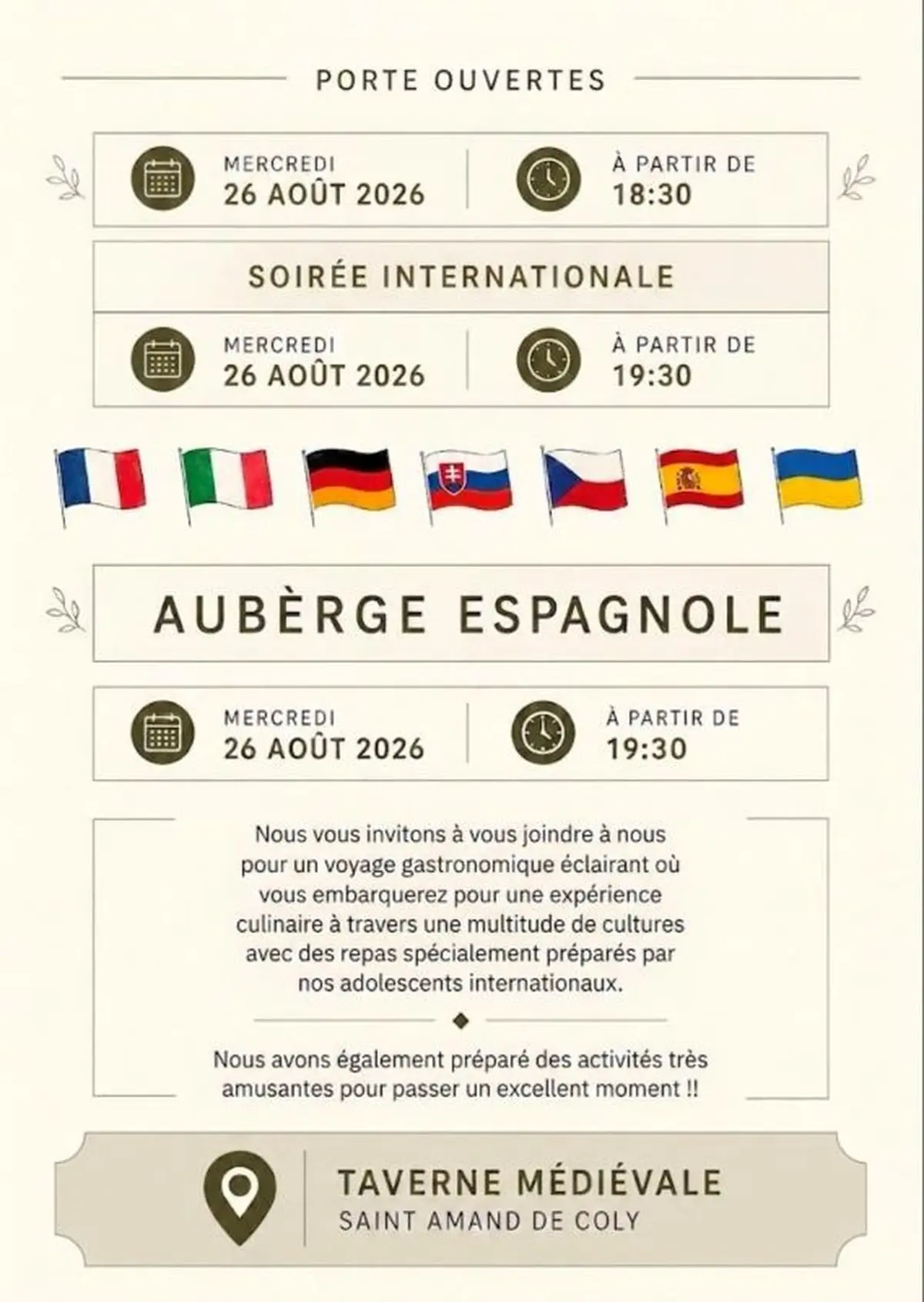 Soirée internationale à la Taverne Médiévale à Saint Amand de Coly