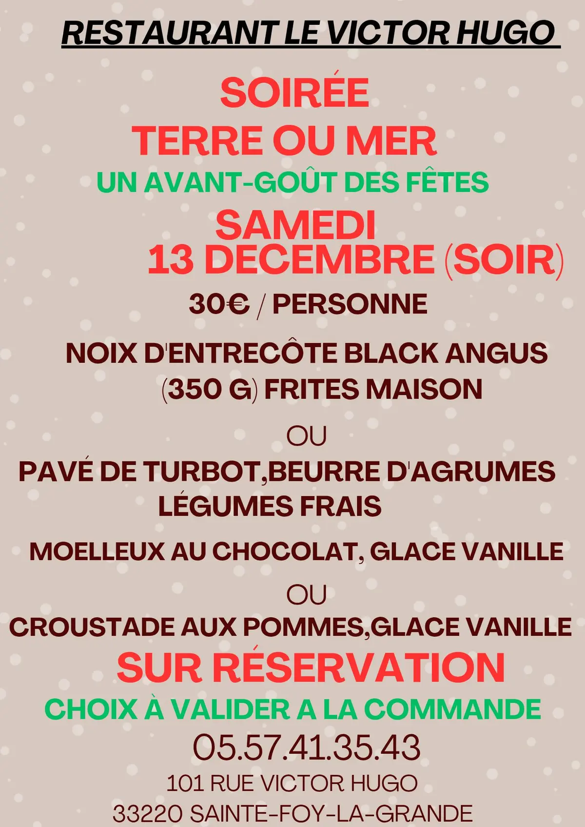 Soirée Terre ou Mer - Un avant-goût des fêtes au restaurant Le Victor Hugo