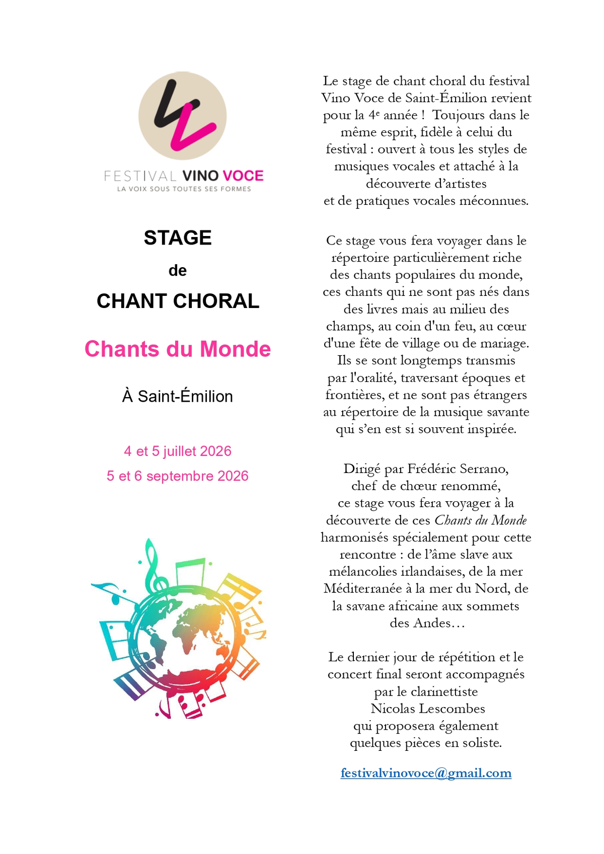 Stage de chant choral par le Festival Vino Voce - Chants du Monde