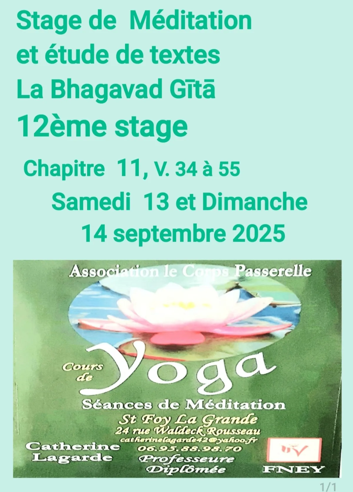 Stage de méditation et étude de textes La Bhagavad Gita par l'association Le Corps Passerelle