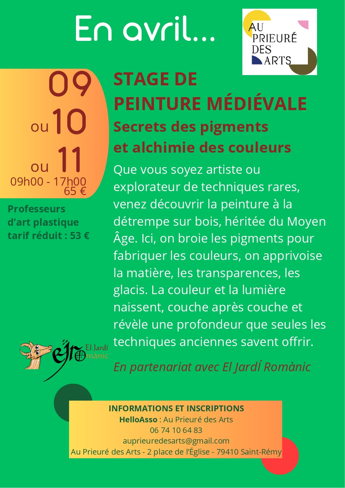 Stage de peinture médiévale Secrets des pigments et alchimie des couleurs au Prieuré des Arts à Saint-Rémy