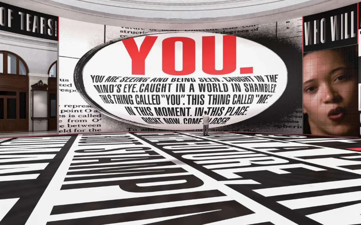 Crédits Simulation of Barbara Kruger's installation in the Rotunda of the Bourse de Commerce – Pinault Collection. Courtesy of the artist.