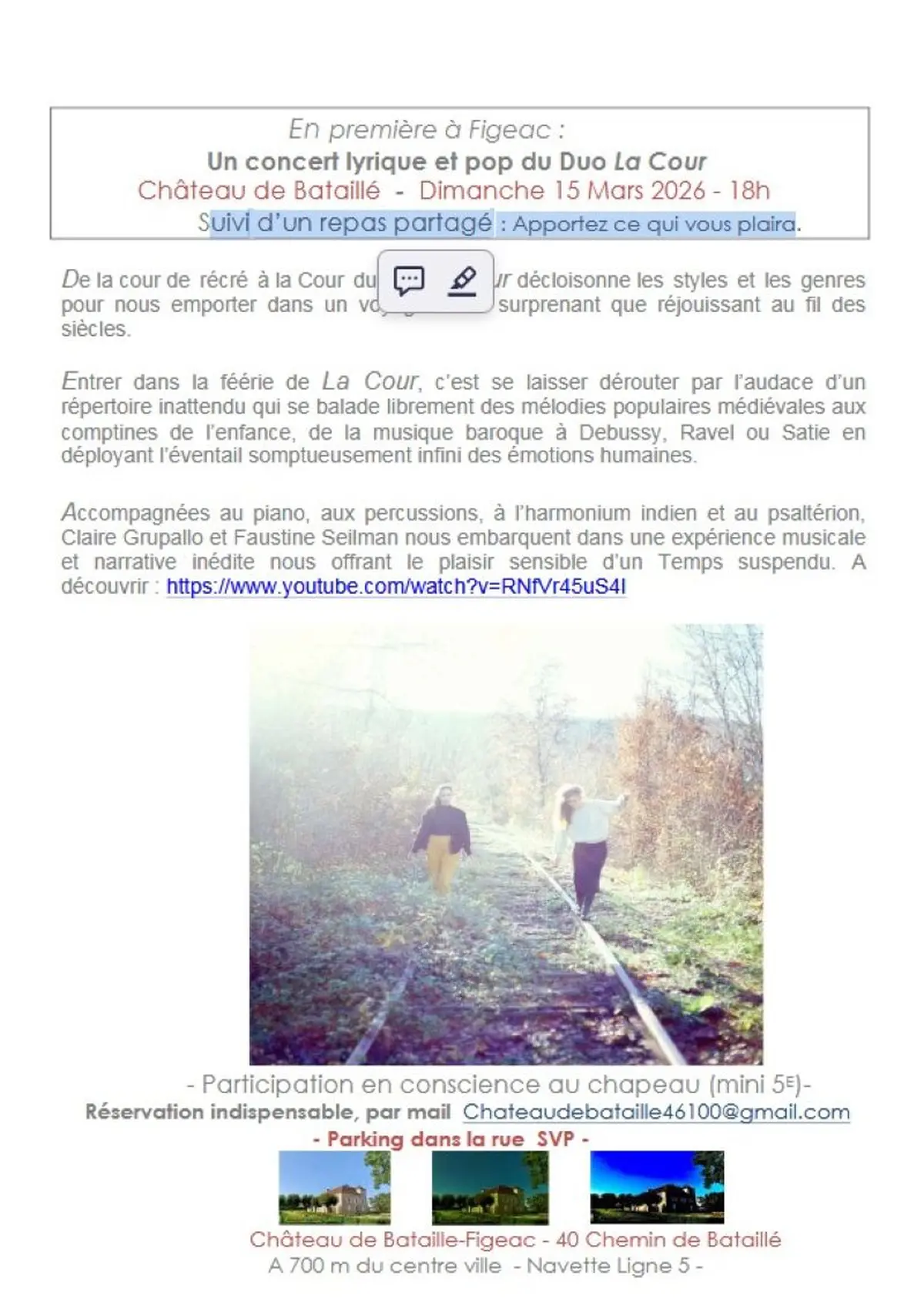 Un concert lyrique et pop du Duo La Cour, au Château de Bataillé à Figeac