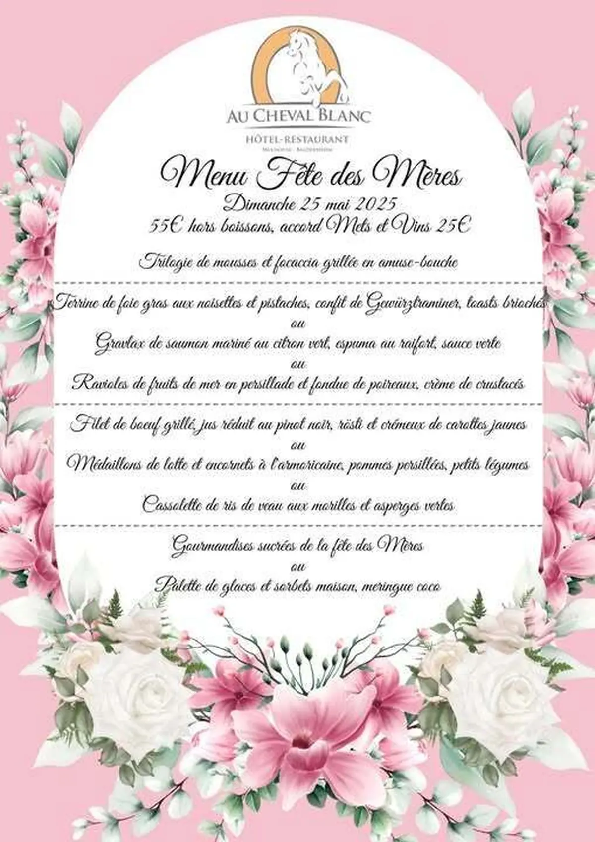 Le menu de la Fête des Mères du Cheval Blanc Baldersheim