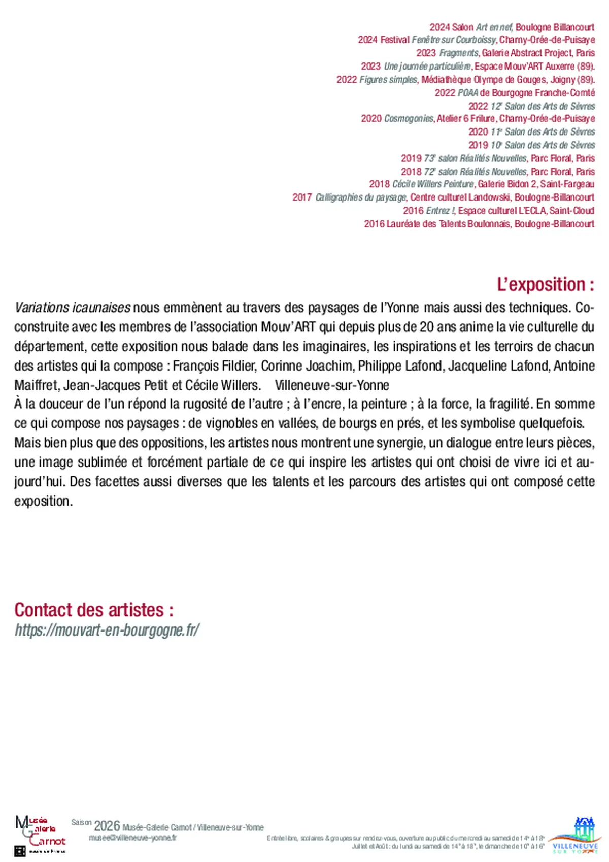 Variations Icaunaises : François Fildier, Corinne Joachim, Philippe Lafond, Jacqueline Lafond, Antoine Maiffret, Jean-Jacques Petit et Cécile Willer